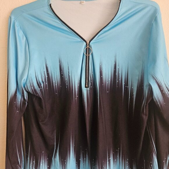 None Tops - Pullover v-neck stretchy turquoise black zip up XXL Gym, workout